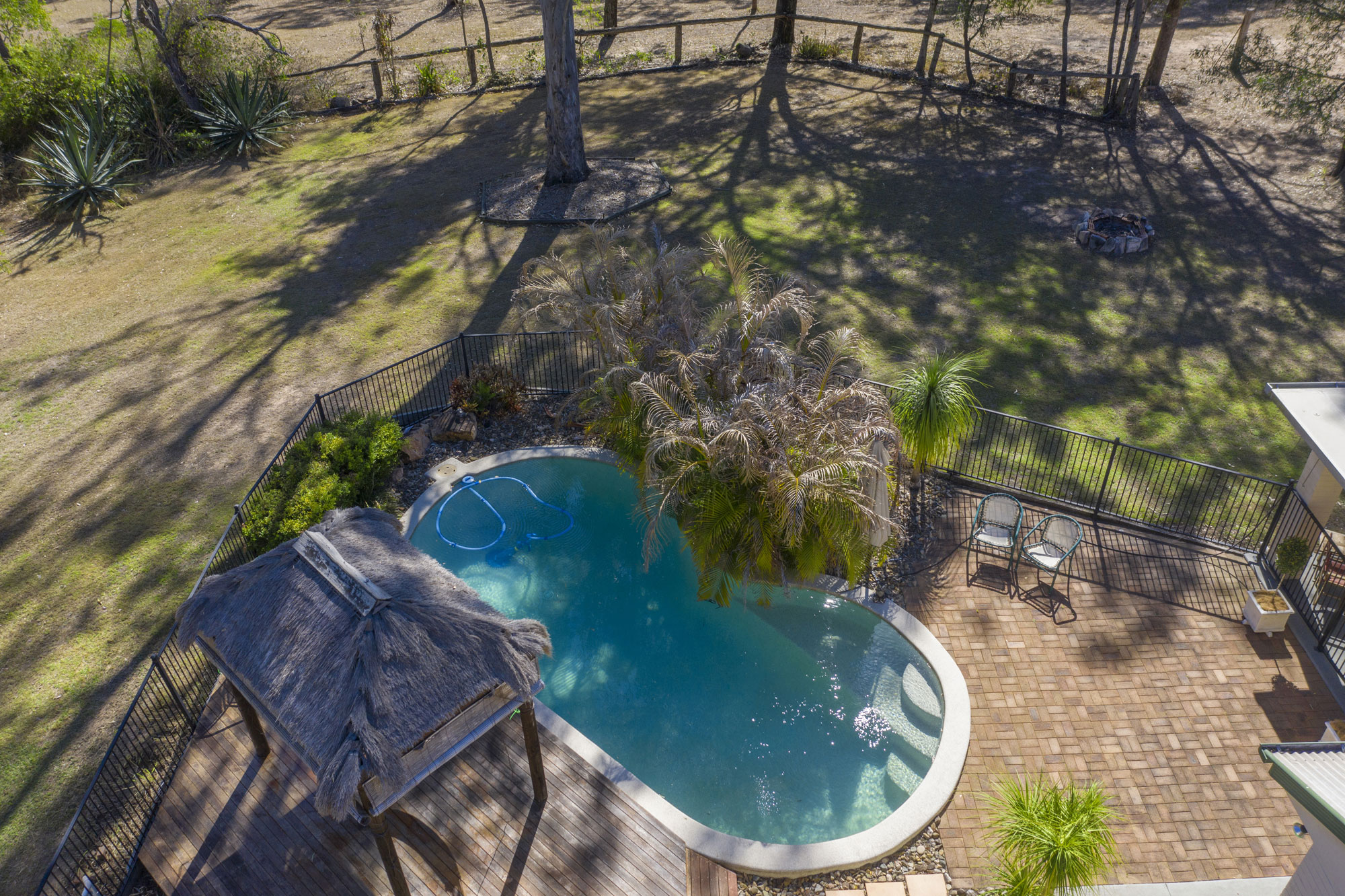 Drone photography acreage real estate Teviot Rd South Maclean looking onto the swimming pool